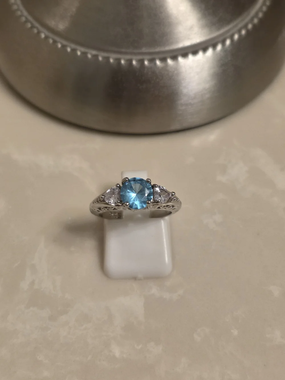 925 Silver CZ and Aquamarine Ring Size 6